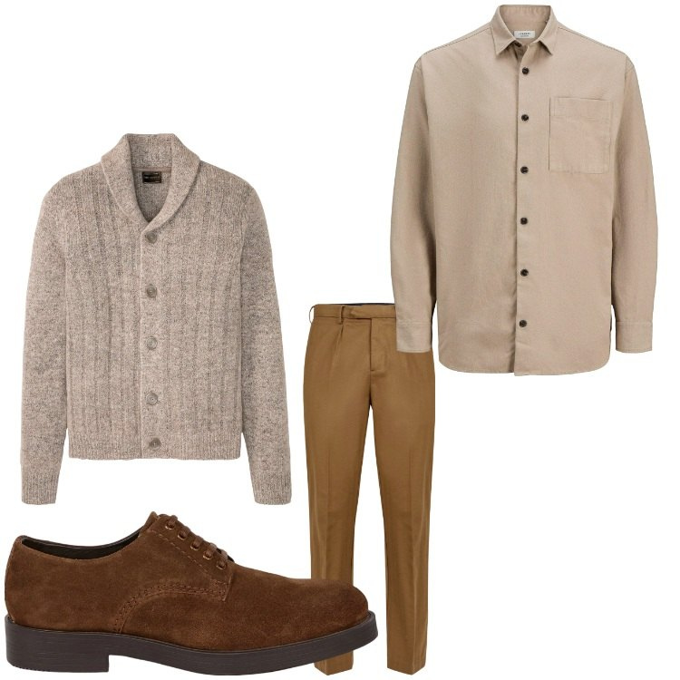Outfit uomo - Marrone per me. Stile Business/Elegante per Serata speciale. Abbinamento con cardigans, camicie, scarpe stringate, pantaloni.