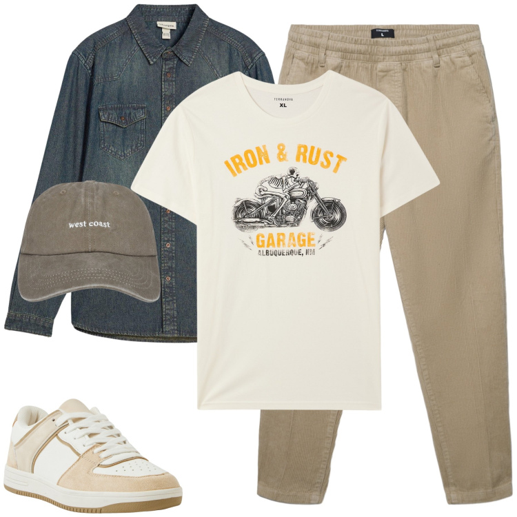 Outfit uomo - Jeans e beige. Stile Urban per Tutti i giorni. Abbinamento con camicie, t-shirt, sneakers, cappelli con visiera, pantaloni.