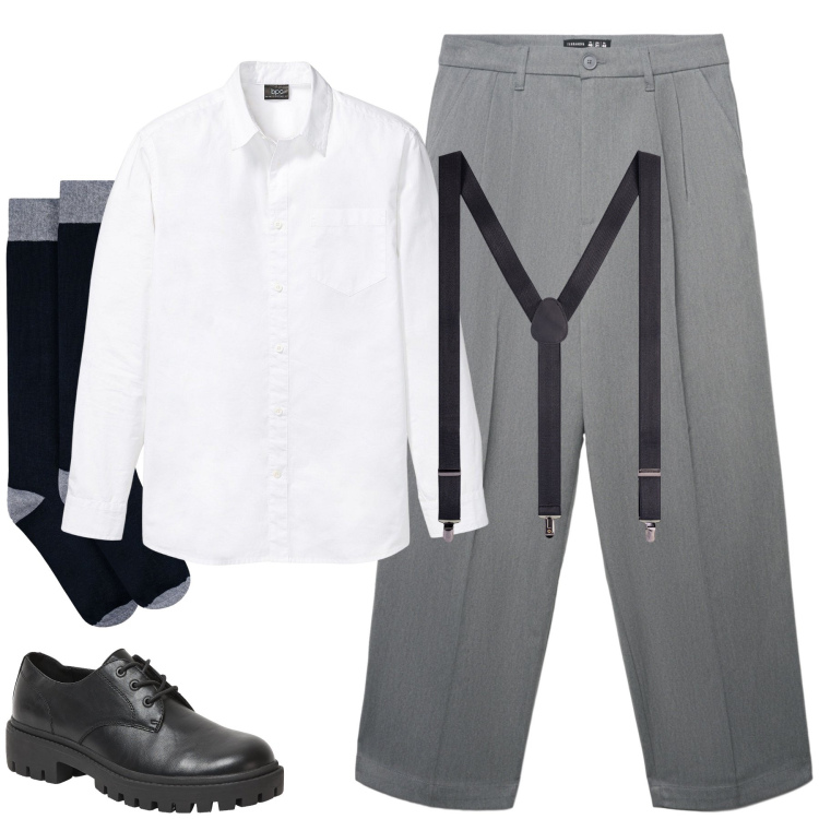 Outfit uomo - Con le bretelle. Stile Trendy per Ufficio. Abbinamento con camicie, scarpe stringate, pantaloni, bretelle, calzini.