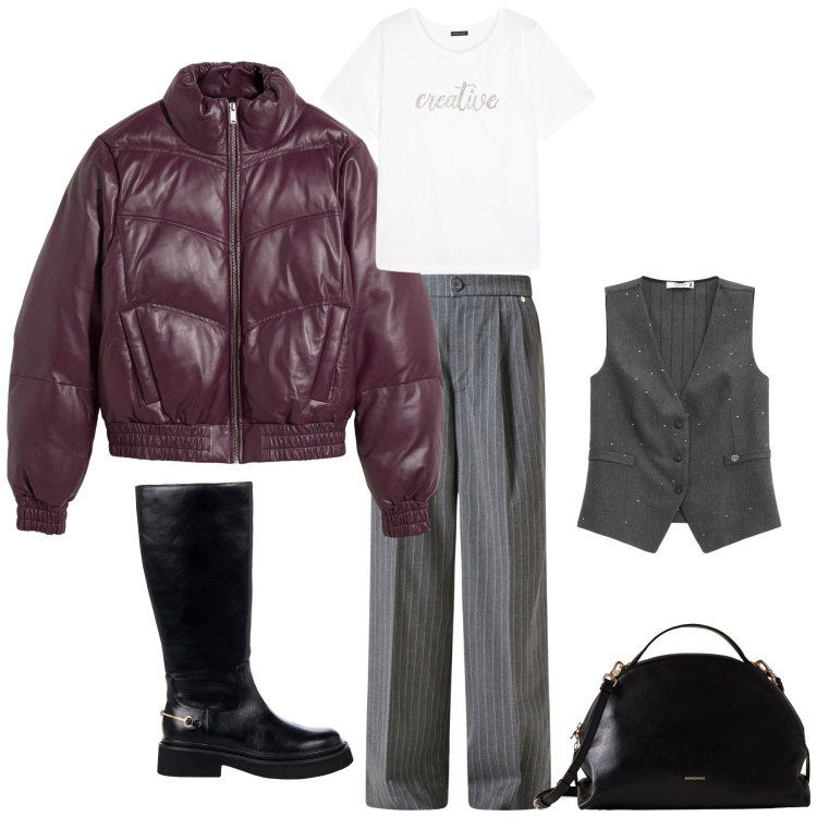 Outfit donna - Autunno. Stile Glamour per Tutti i giorni. Abbinamento con giacche, pantaloni, stivali sopra il ginocchio, gilet, borse a mano, t-shirt.