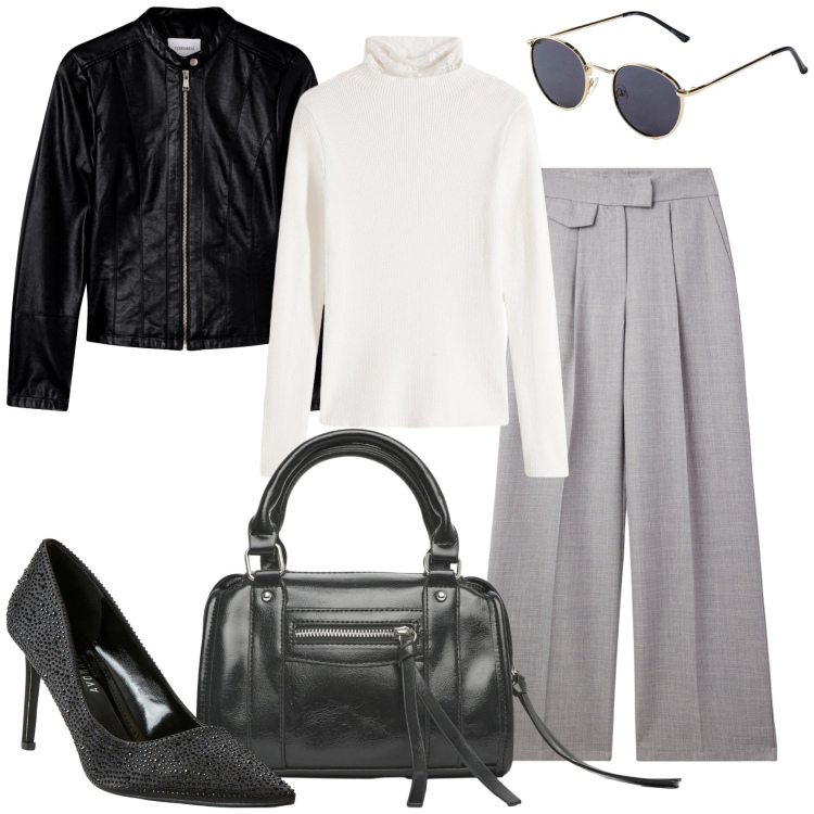 Outfit donna - Grigio per il momento. Stile Glamour per Tutti i giorni. Abbinamento con occhiali da sole, maglieria, décolleté, pantaloni, borse a mano, giacche.