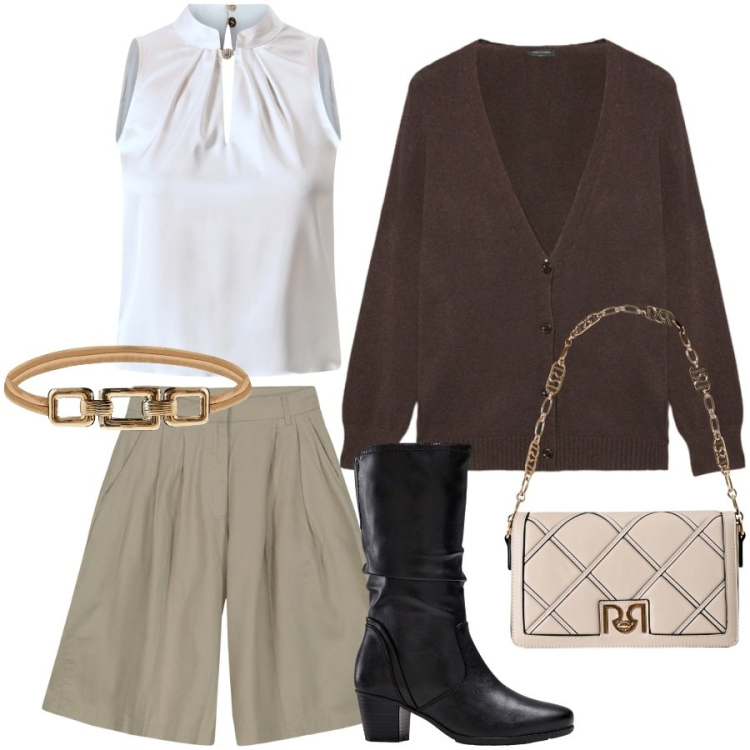 Outfit donna - Total look #2275830. Stile Casual chic per Tutti i giorni. Abbinamento con stivali, borse a tracolla, cinture, bluse, bermuda, cardigans.