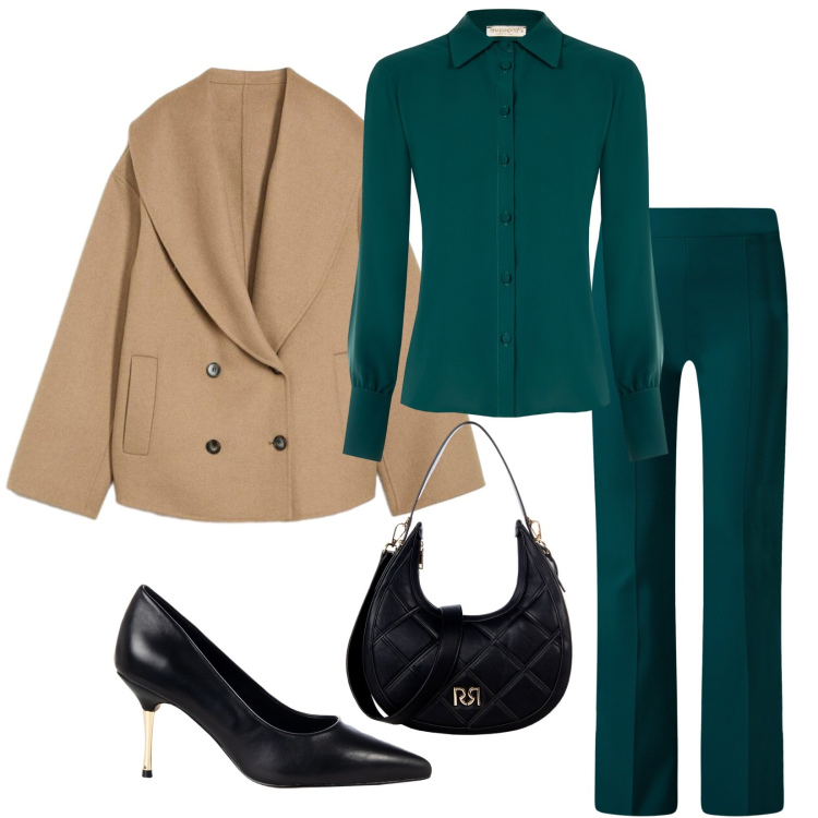 Outfit donna - Total look #2275832. Stile Casual chic per Ufficio. Abbinamento con blazer, borse a tracolla, décolleté, pantaloni a palazzo, camicie.