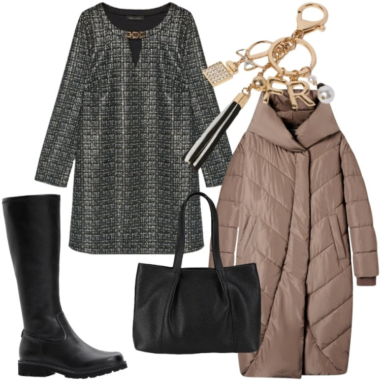 Outfit donna - Total look #2275833. Stile Chic per Serata fuori. Abbinamento con shopping bag, stivali, cappotti, vestiti corti, portachiavi.