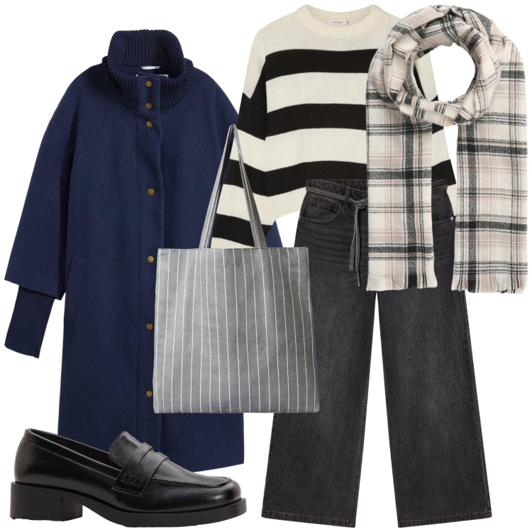 Outfit donna - Total look dí stagione. Stile Urban per Tutti i giorni. Abbinamento con cappotti, mocassini, shopping bag, jeans, maglieria, sciarpe.