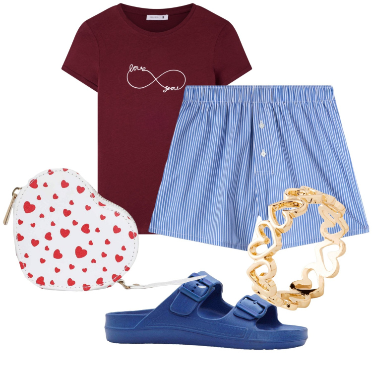 Outfit donna - Amore casalingo. Stile Basic per Tutti i giorni. Abbinamento con anelli, ciabatte, portafogli, pantaloni corti, t-shirt.