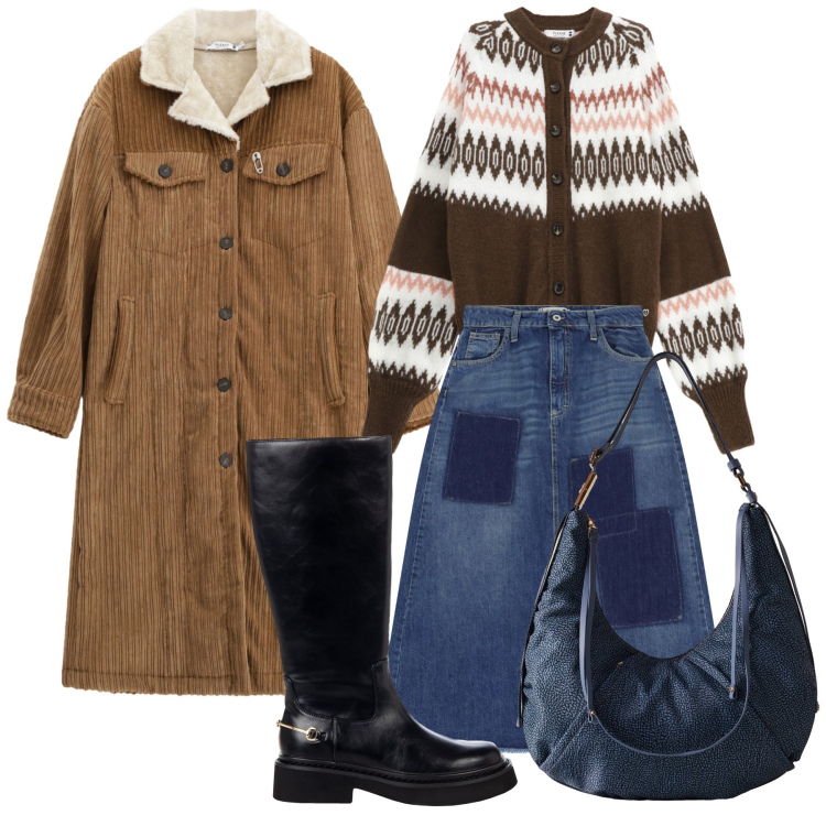 Outfit donna - Una bella montanara. Stile Trendy per Tutti i giorni. Abbinamento con stivali sopra il ginocchio, cardigans, cappotti, gonne lunghe, borse a spalla.
