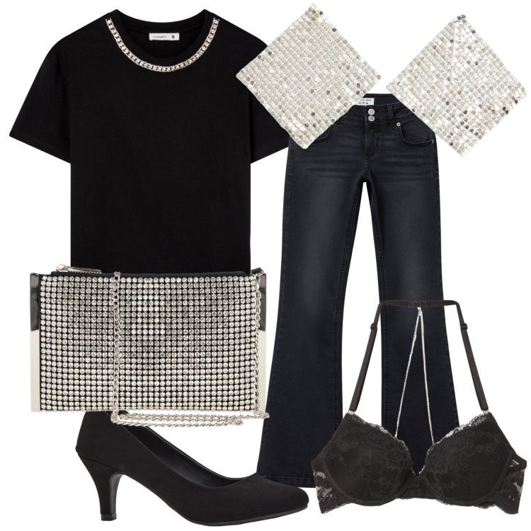 Outfit donna - Decisamente brillante. Stile Glamour per Serata fuori. Abbinamento con décolleté, orecchini, t-shirt, jeans a zampa, reggiseni push-up, pochette.