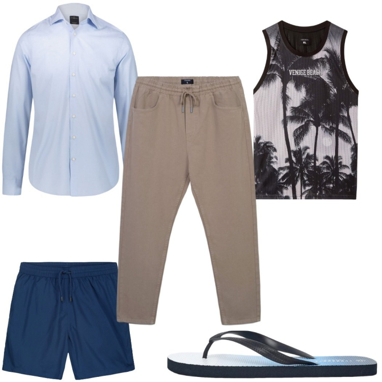 Outfit uomo - Total look #2275844. Stile Trendy per Mare. Abbinamento con sandali, canottiere, pantaloni, camicie, costumi.
