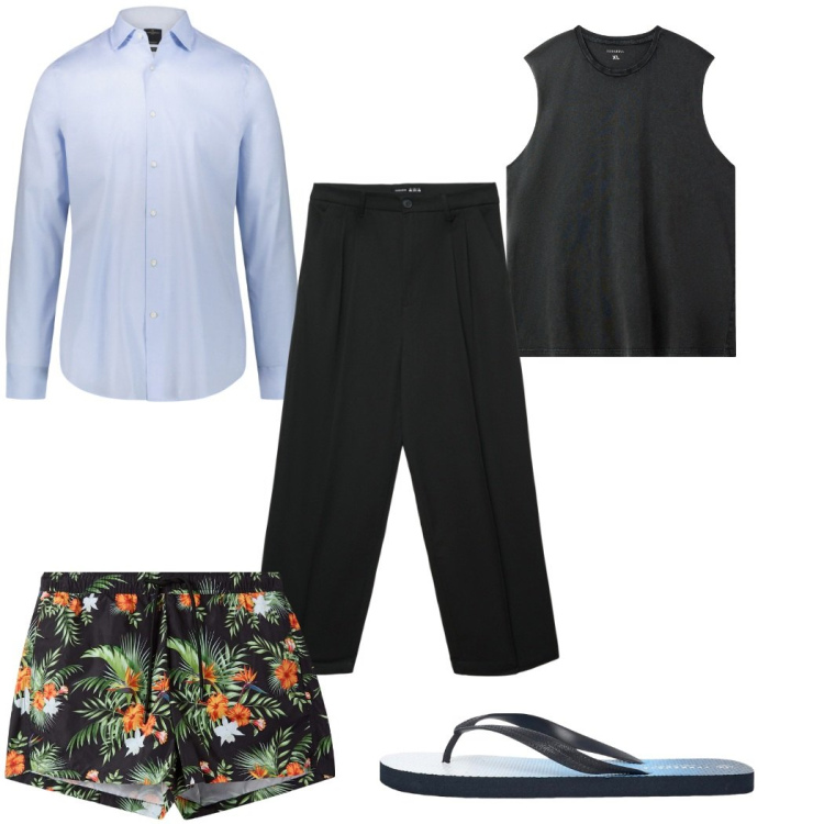 Outfit uomo - Total look #2275845. Stile Trendy per Mare. Abbinamento con sandali, costumi, canottiere, pantaloni, camicie.