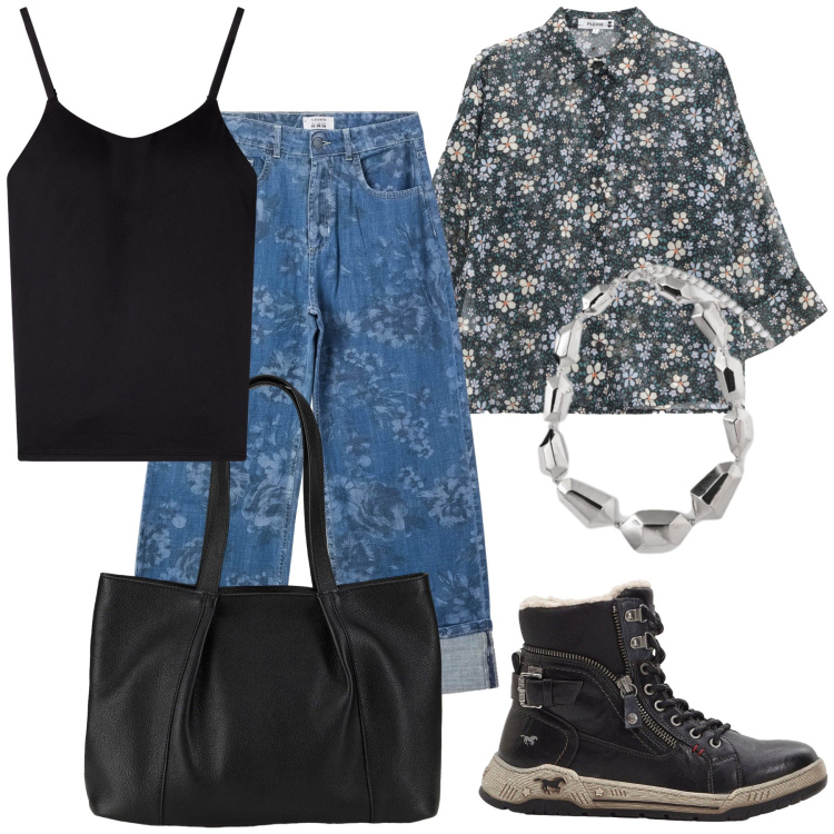 Outfit donna - Fiori mix. Stile Trendy per Tutti i giorni. Abbinamento con shopping bag, sneakers alte, jeans dritti, magliette intime, camicie, ciondoli.