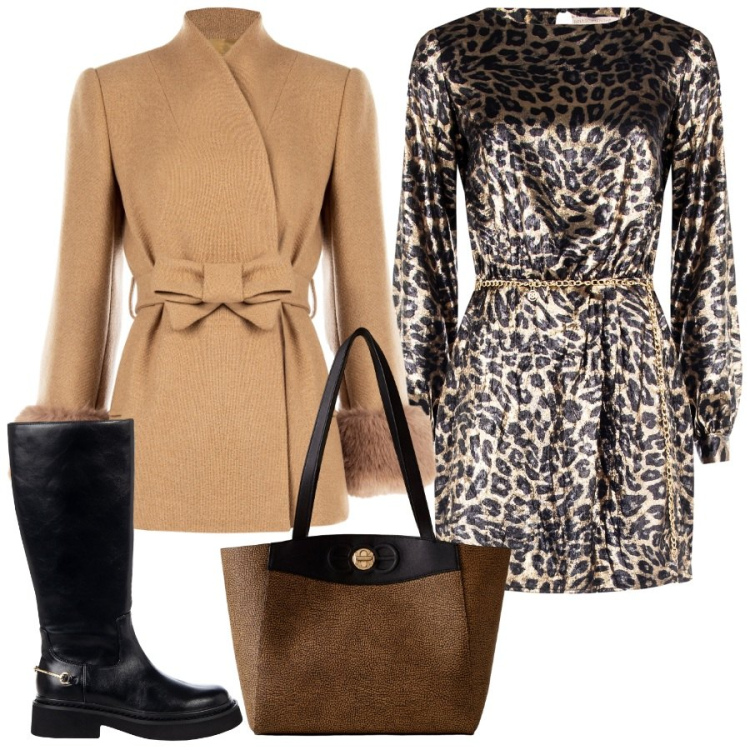 Outfit donna - Animalier. Stile Chic per Serata fuori. Abbinamento con cappotti, stivali sopra il ginocchio, vestiti corti, shopping bag.