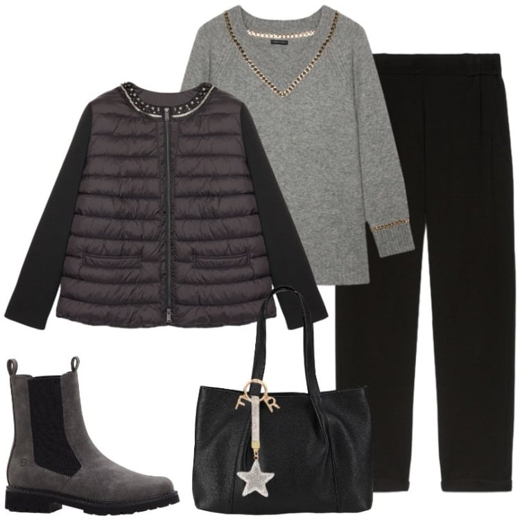 Outfit donna - Pantaloni joggers in Punto Milano. Stile Basic per Ufficio. Abbinamento con shopping bag, stivaletti chelsea, piumini, portachiavi, pantaloni, maglieria.