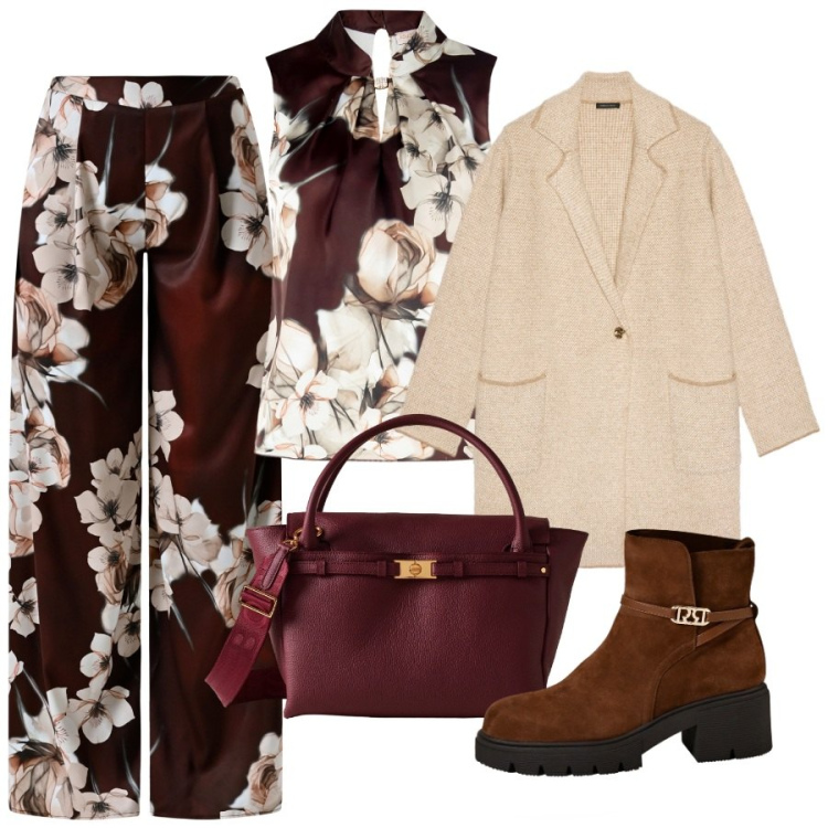 Outfit donna - Coordinato a grandi fiori. Stile Chic per Serata fuori. Abbinamento con pantaloni a palazzo, top, stivaletti, borse a mano, cardigans.