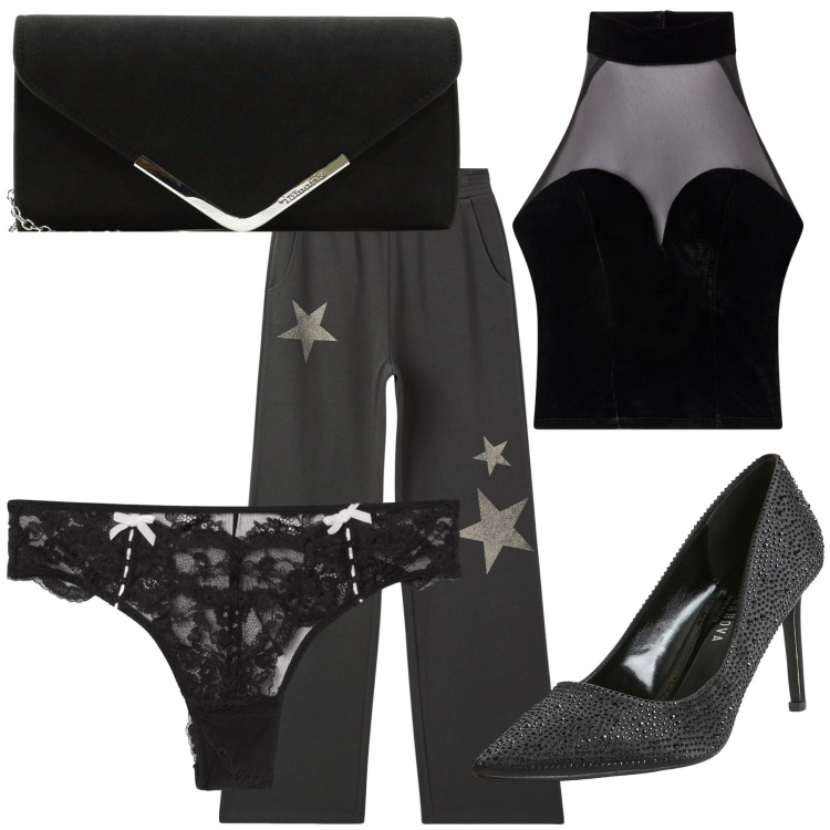 Outfit donna - Un po’ strega un po’ angelo. Stile Sexy per Serata fuori. Abbinamento con pochette, décolleté, top, pantaloni, culotte.