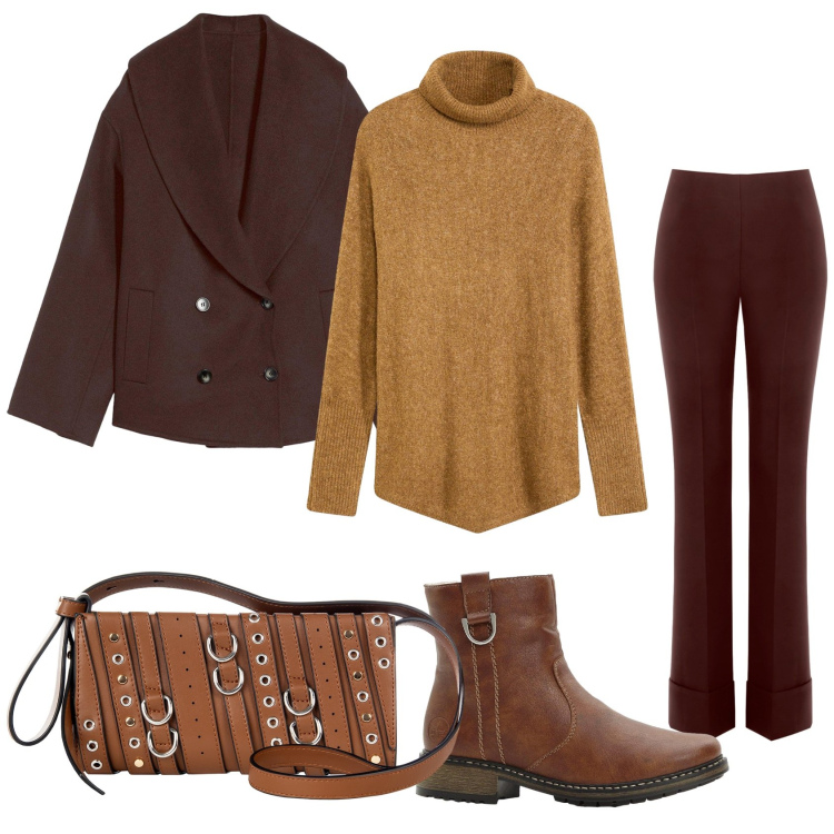 Outfit donna - Total look marrone. Stile Casual per Tutti i giorni. Abbinamento con maglieria, caban, stivaletti, borse a spalla, pantaloni skinny.