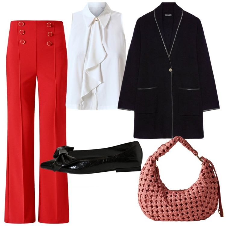 Outfit donna - Perfetta in ufficio. Stile Bon Ton per Ufficio. Abbinamento con pantaloni, camicie, ballerine, borse a spalla, cardigans.