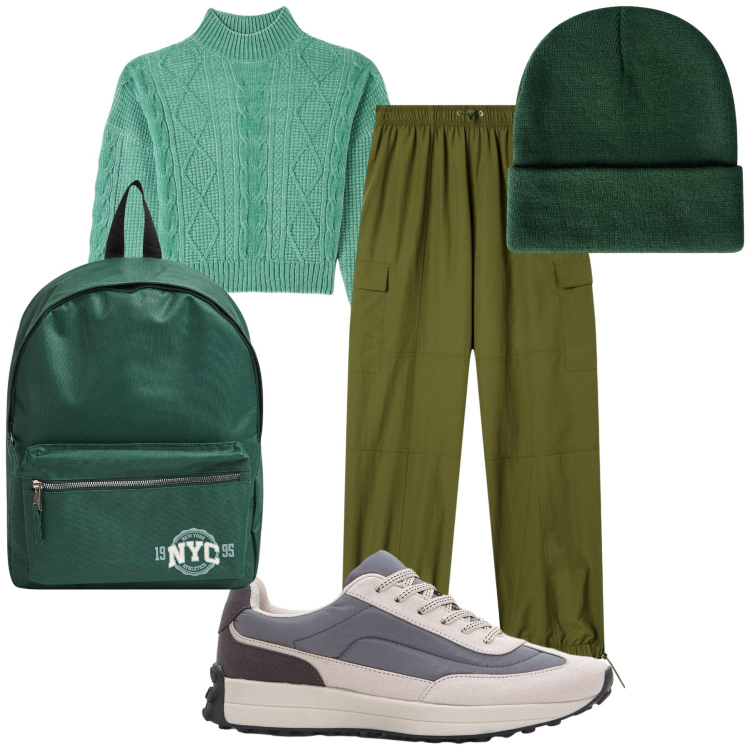 Outfit donna - Green. Stile Basic per Tutti i giorni. Abbinamento con sneakers, maglieria, zaini, pantaloni cargo, berretti.