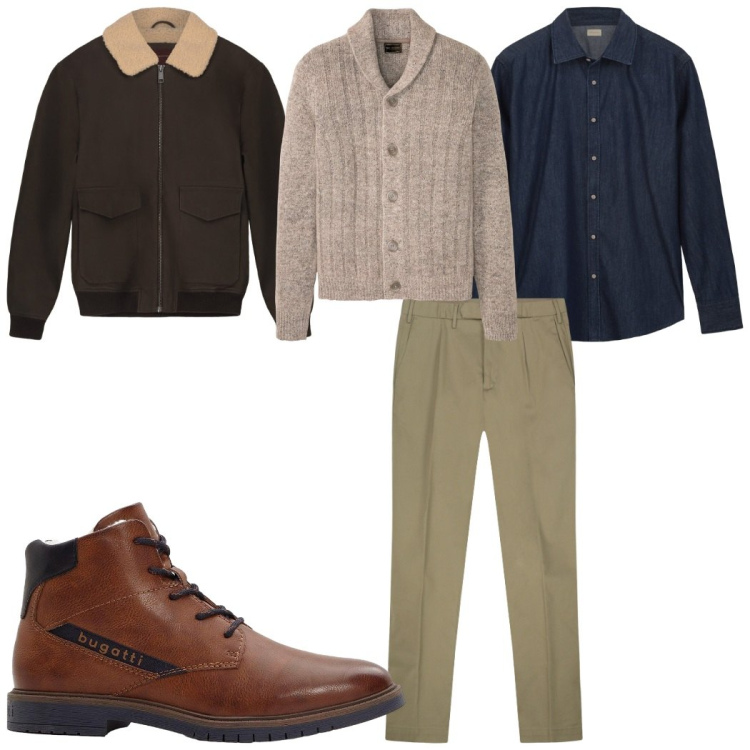 Outfit uomo - Total look #2275860. Stile Casual per Tutti i giorni. Abbinamento con cardigans, stivali e stivaletti, pantaloni, camicie, bomber.