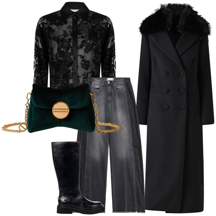 Outfit donna - Pizzo stivali e jeans. Stile Glamour per Serata fuori. Abbinamento con cappotti, camicie, stivali sopra il ginocchio, jeans, borse a tracolla.