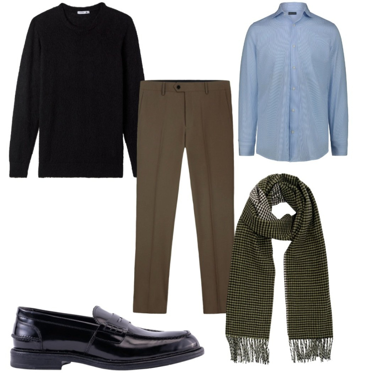 Outfit uomo - Total look #2275865. Stile Casual per Ufficio. Abbinamento con maglieria, camicie, sciarpe, scarpe stringate, pantaloni.