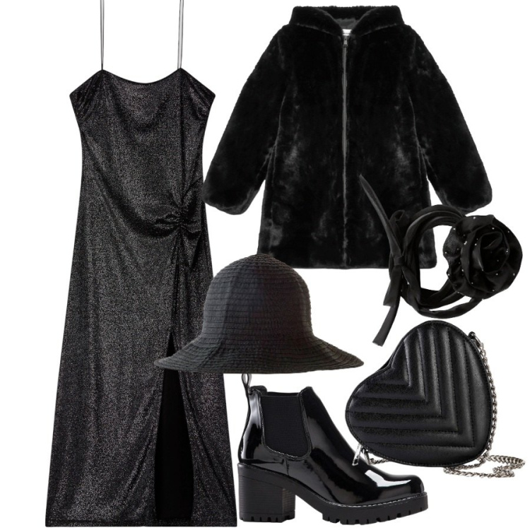 Outfit donna - Streghetta. Stile Glamour per Serata fuori. Abbinamento con stivaletti, borse a tracolla, cappelli, vestiti lunghi, collane, cappotti.