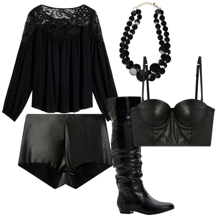 Outfit donna - Halloween. Stile Glamour per Serata fuori. Abbinamento con stivali sopra il ginocchio, tuniche, bralette, shorts, collane.