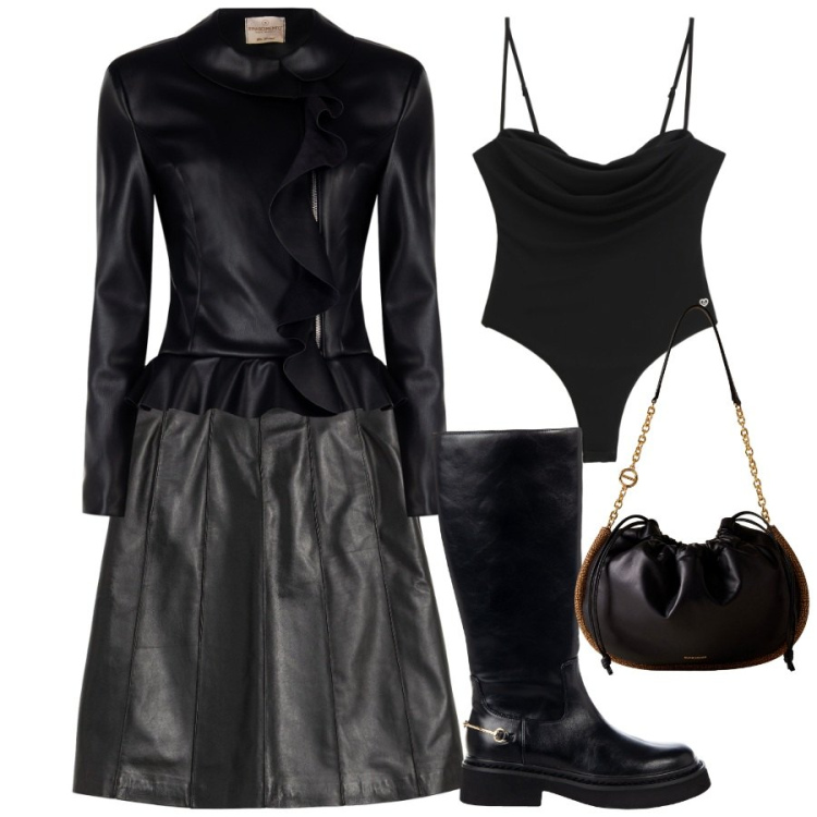 Outfit donna - Strega rock. Stile Rock per Serata fuori. Abbinamento con gonne, blazer, stivali sopra il ginocchio, body, borse a spalla.