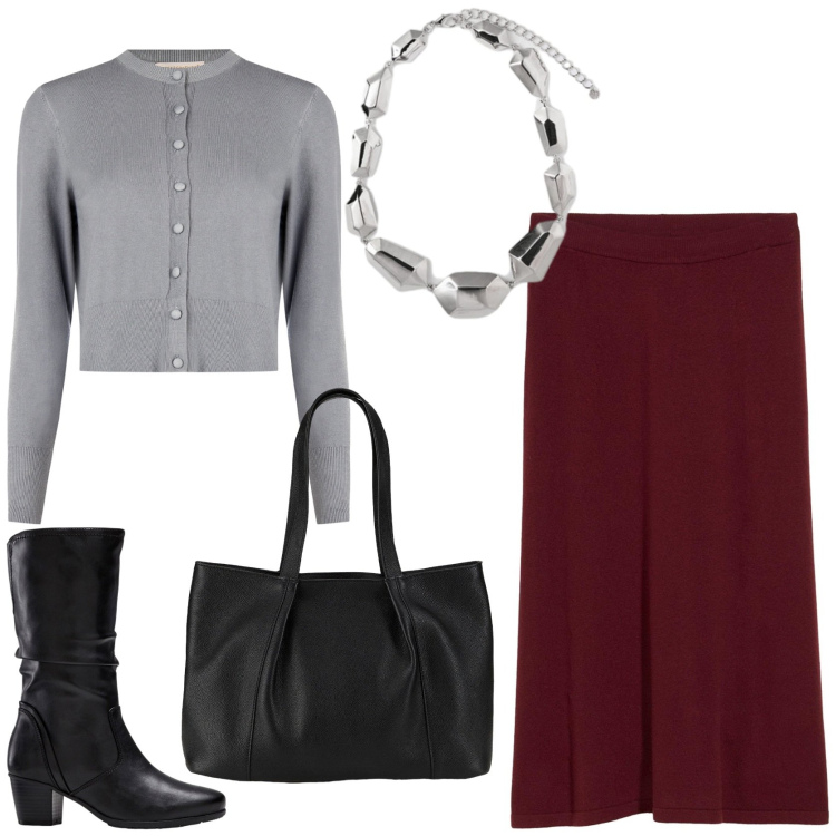 Outfit donna - Workwear. Stile Casual chic per Ufficio. Abbinamento con stivali, gonne, shopping bag, cardigans, ciondoli.