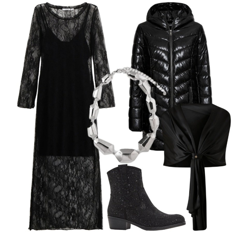 Outfit donna - Halloween. Stile Glamour per Serata fuori. Abbinamento con giacche, stivaletti texani, scialli, vestiti lunghi, ciondoli.