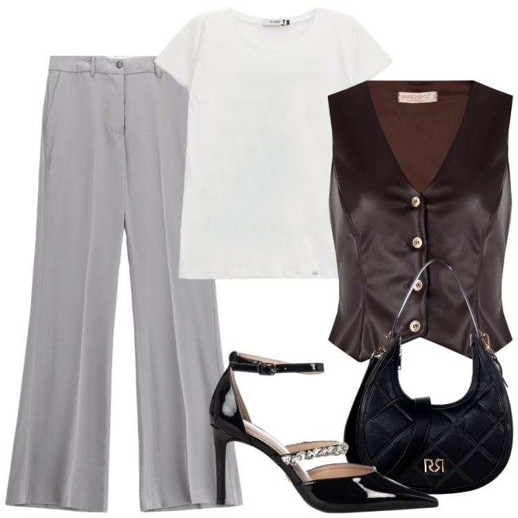 Outfit donna - Gilet in pelle rock. Stile Rock per Serata fuori. Abbinamento con borse a tracolla, décolleté, gilet, pantaloni, t-shirt.