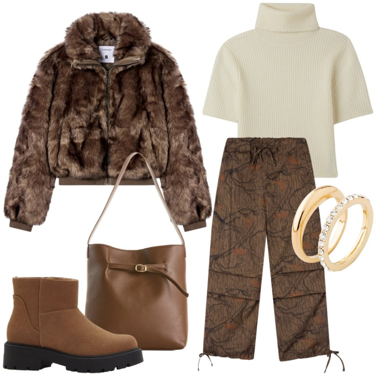 Outfit donna - Total look #2275877. Stile Casual chic per Tutti i giorni. Abbinamento con anelli, borse a mano, stivaletti, maglieria, ecopellicce, pantaloni cargo.