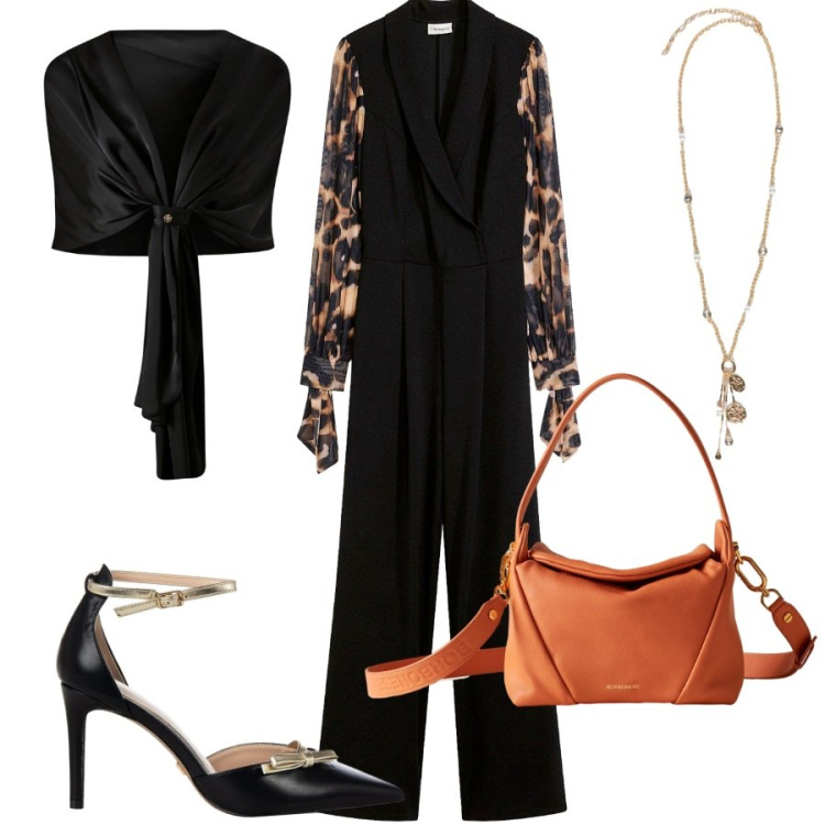 Outfit donna - La tuta da sera. Stile Glamour per Serata fuori. Abbinamento con tute, scialli, décolleté, borse a spalla, ciondoli.