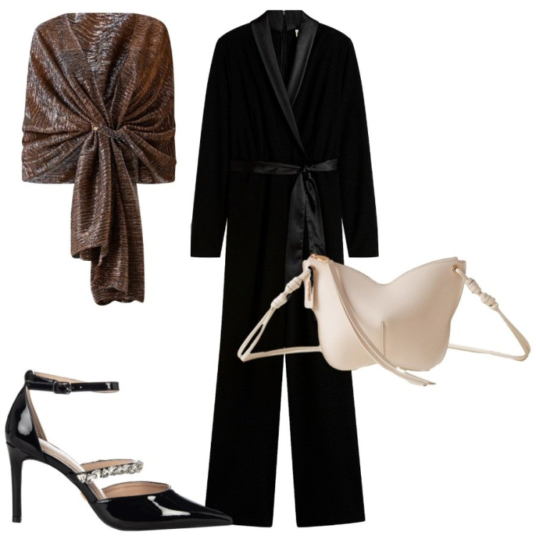 Outfit donna - Jumpsuit smoking. Stile Glamour per Serata fuori. Abbinamento con tute, borse a tracolla, stole, décolleté.