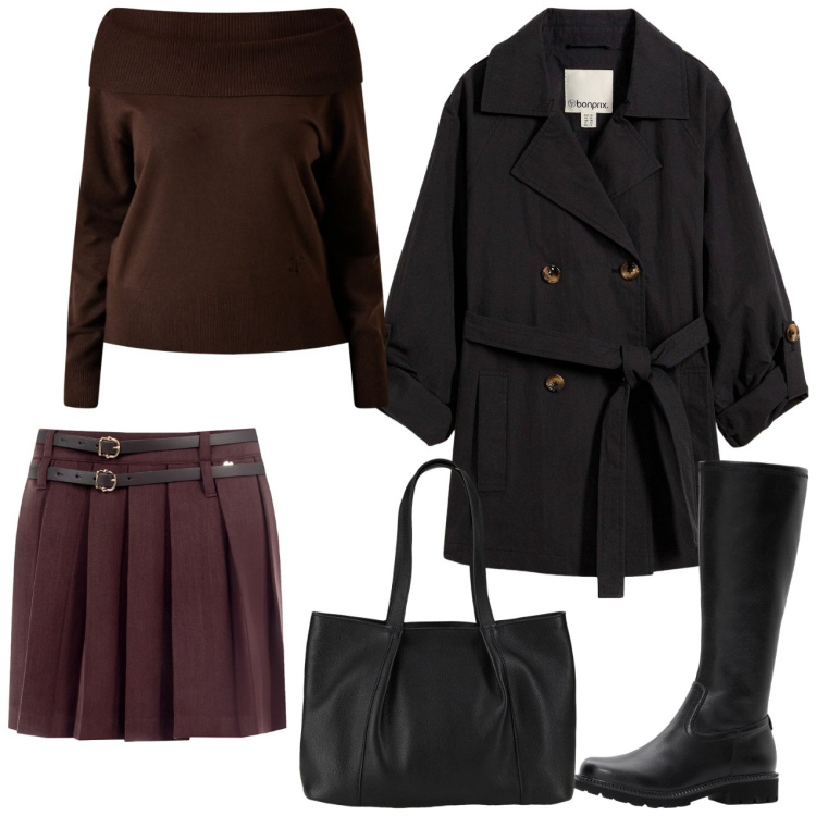 Outfit donna - Maglia e gonna marrone. Stile Casual per Tutti i giorni. Abbinamento con trench, shopping bag, stivali, minigonne, maglieria.