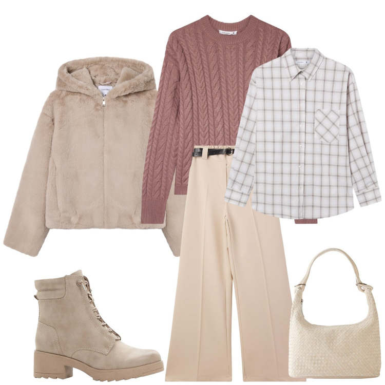 Outfit donna - Total look #2275885. Stile Casual chic per Tutti i giorni. Abbinamento con stivaletti, shopping bag, maglieria, pantaloni, camicie, ecopellicce.