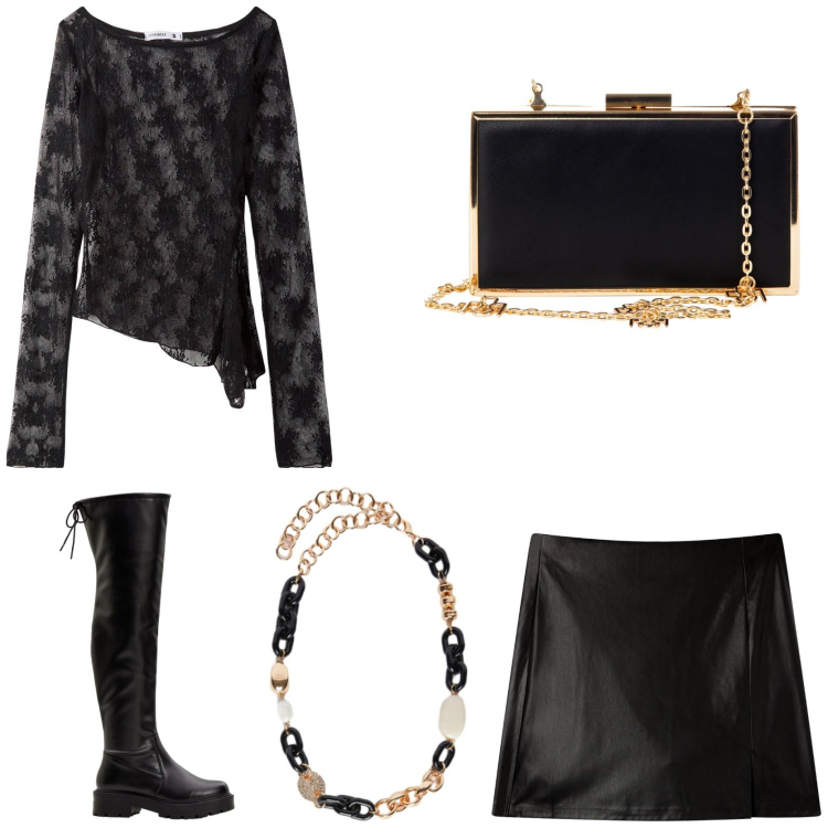 Outfit donna - Halloween party. Stile Sexy per Serata fuori. Abbinamento con stivali sopra il ginocchio, maglieria, minigonne, pochette, collane.