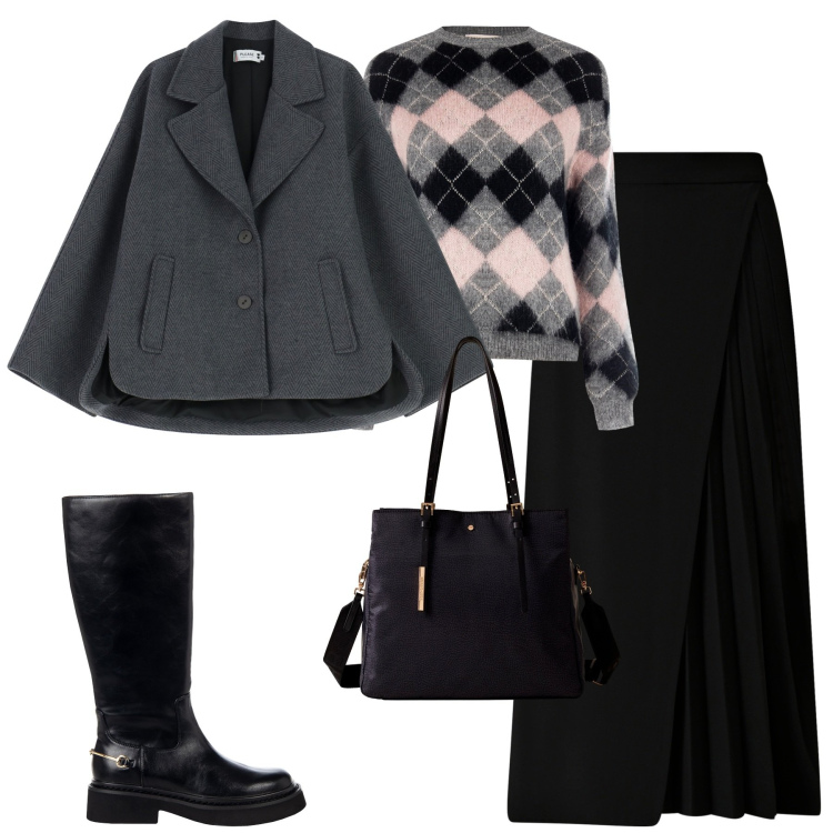 Outfit donna - City. Stile Urban per Tutti i giorni. Abbinamento con gonne longuette, maglieria, stivali sopra il ginocchio, blazer, shopping bag.