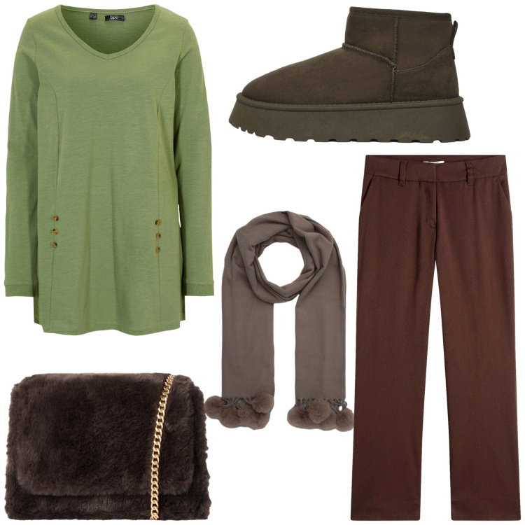 Outfit donna - Tendenze autunnali. Stile Trendy per Tutti i giorni. Abbinamento con maglieria, pantaloni, borse a tracolla, sciarpe, stivali.