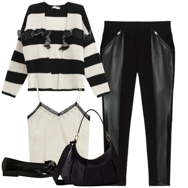 Outfit donna - City. Stile Casual chic per Tutti i giorni. Abbinamento con ballerine, cardigans, top, borse a spalla, leggings.