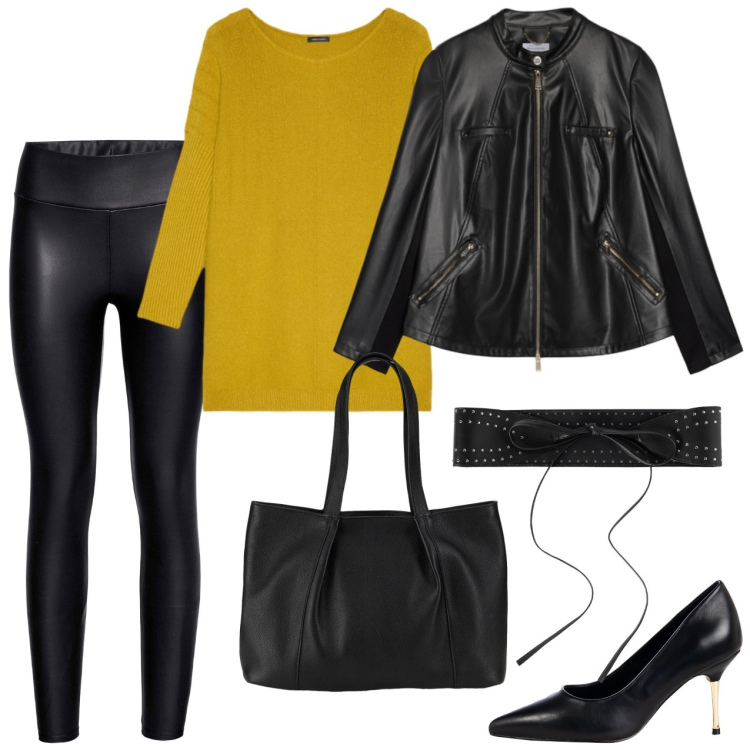 Outfit donna - Maglia lunga con scolo a barchetta. Stile Casual chic per Serata fuori. Abbinamento con leggings, shopping bag, cinture, décolleté, maglieria, giacche.