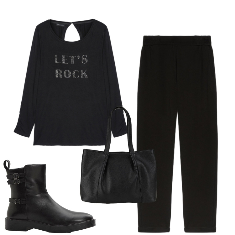 Outfit donna - Black. Stile Casual chic per Tutti i giorni. Abbinamento con shopping bag, stivaletti, t-shirt, pantaloni.