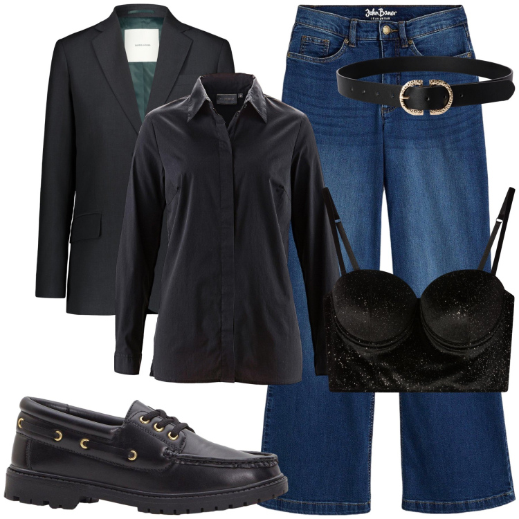 Outfit donna - Apparentemente mannish. Stile Mannish per Ufficio. Abbinamento con camicie, jeans, mocassini, cinture, bralette, blazer.