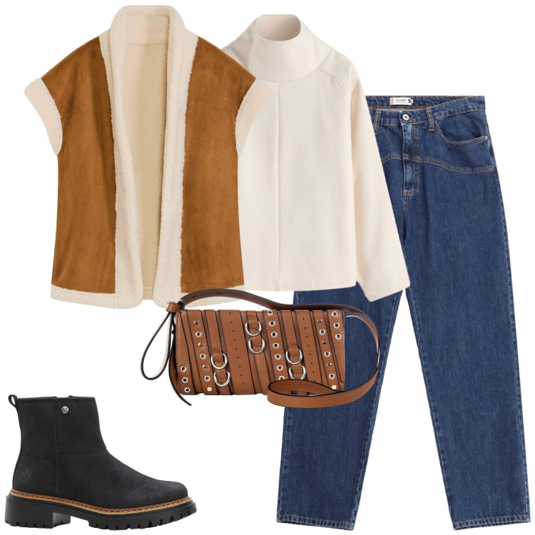 Outfit donna - City. Stile Casual per Tutti i giorni. Abbinamento con maglieria, piumini, stivaletti, borse a spalla, jeans.