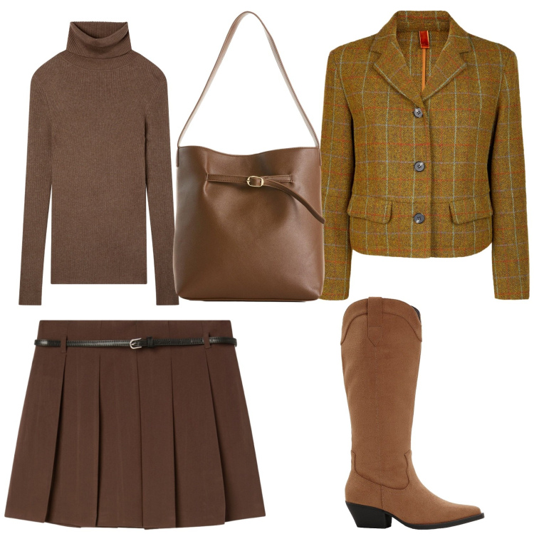 Outfit donna - Marrone, colore dell\'autunno. Stile Casual chic per Ufficio. Abbinamento con borse a mano, stivali, minigonne, maglieria, blazer.