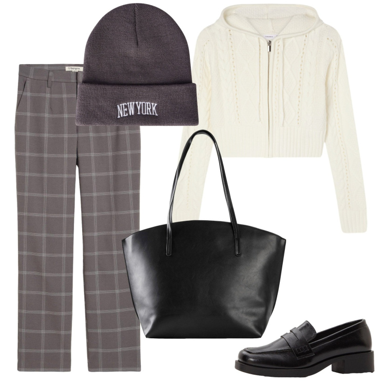 Outfit donna - Il cardigan per l\'università. Stile Preppy per Scuola/Università. Abbinamento con shopping bag, pantaloni chino, mocassini, cardigans, berretti.