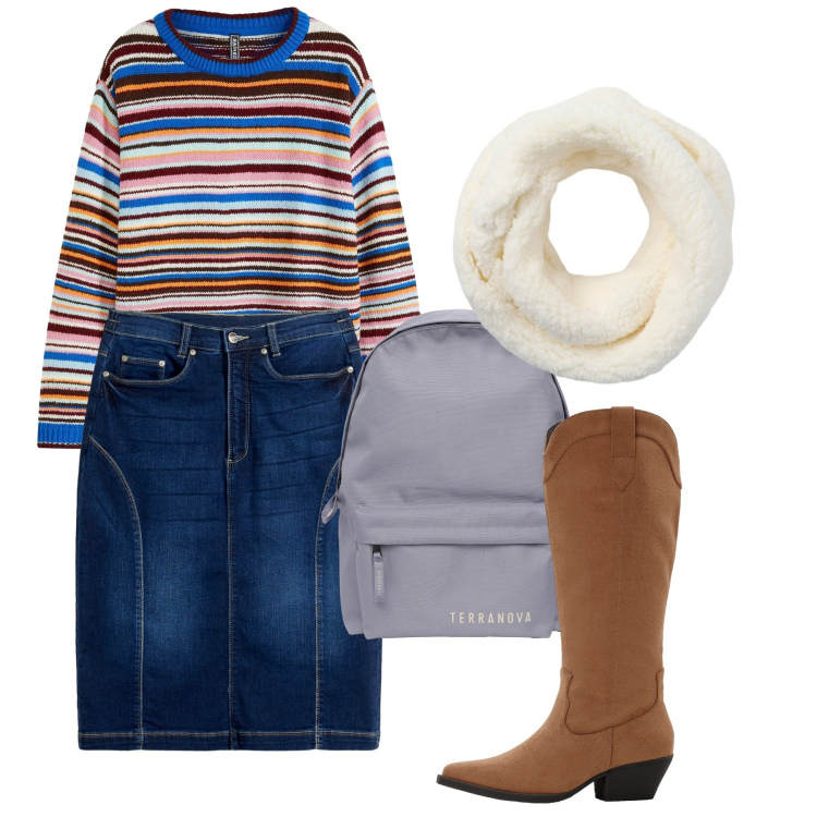 Outfit donna - Denim. Stile Casual per Tutti i giorni. Abbinamento con gonne, maglieria, stivali, zaini, sciarpe.