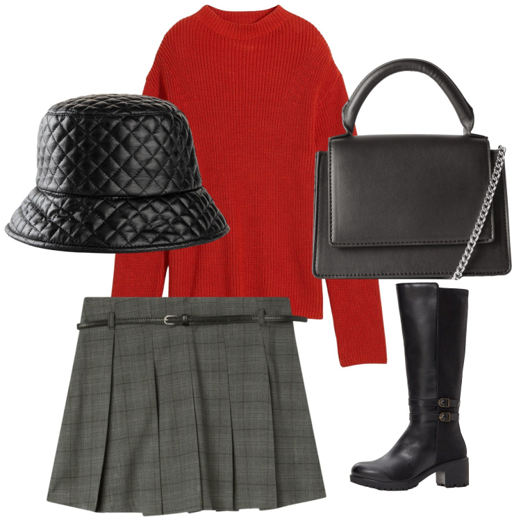 Outfit donna - Preppy. Stile Preppy per Tutti i giorni. Abbinamento con cappelli con visiera, maglieria, stivali, borse a tracolla, minigonne.