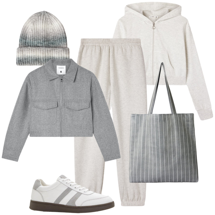 Outfit donna - Comfy al mercato. Stile Casual per Tutti i giorni. Abbinamento con sneakers, shopping bag, blazer, felpe con cappuccio, pantaloni, berretti.