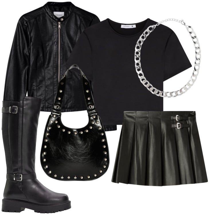 Outfit donna - Rock style. Stile Rock per Tutti i giorni. Abbinamento con stivali, collane, giacche, minigonne, t-shirt, borse a spalla.